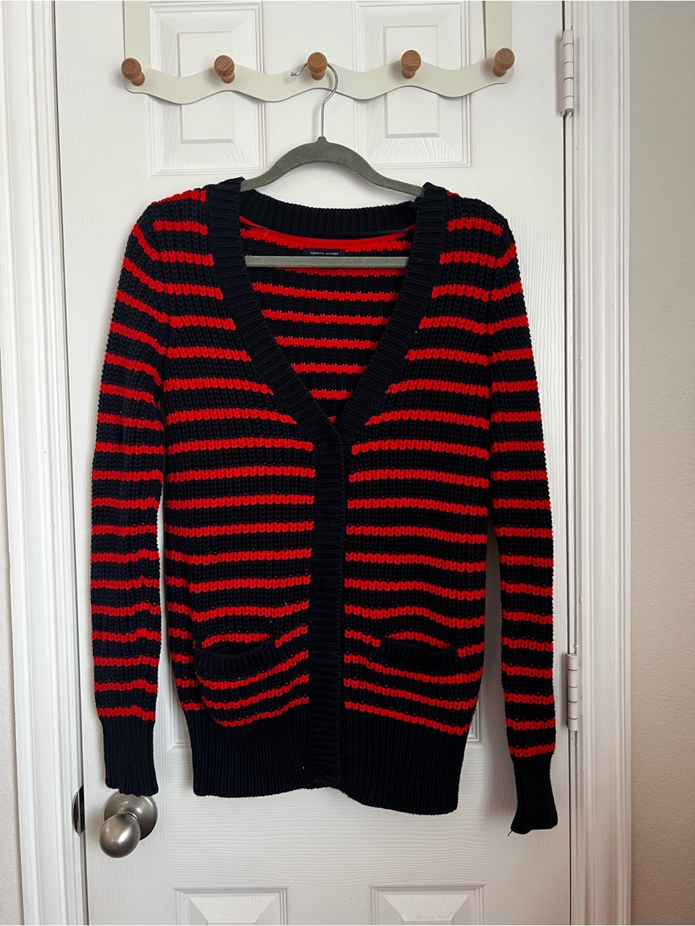 Tommy Hilfiger Red Navy Knitted Cardigan, Size Small Petite